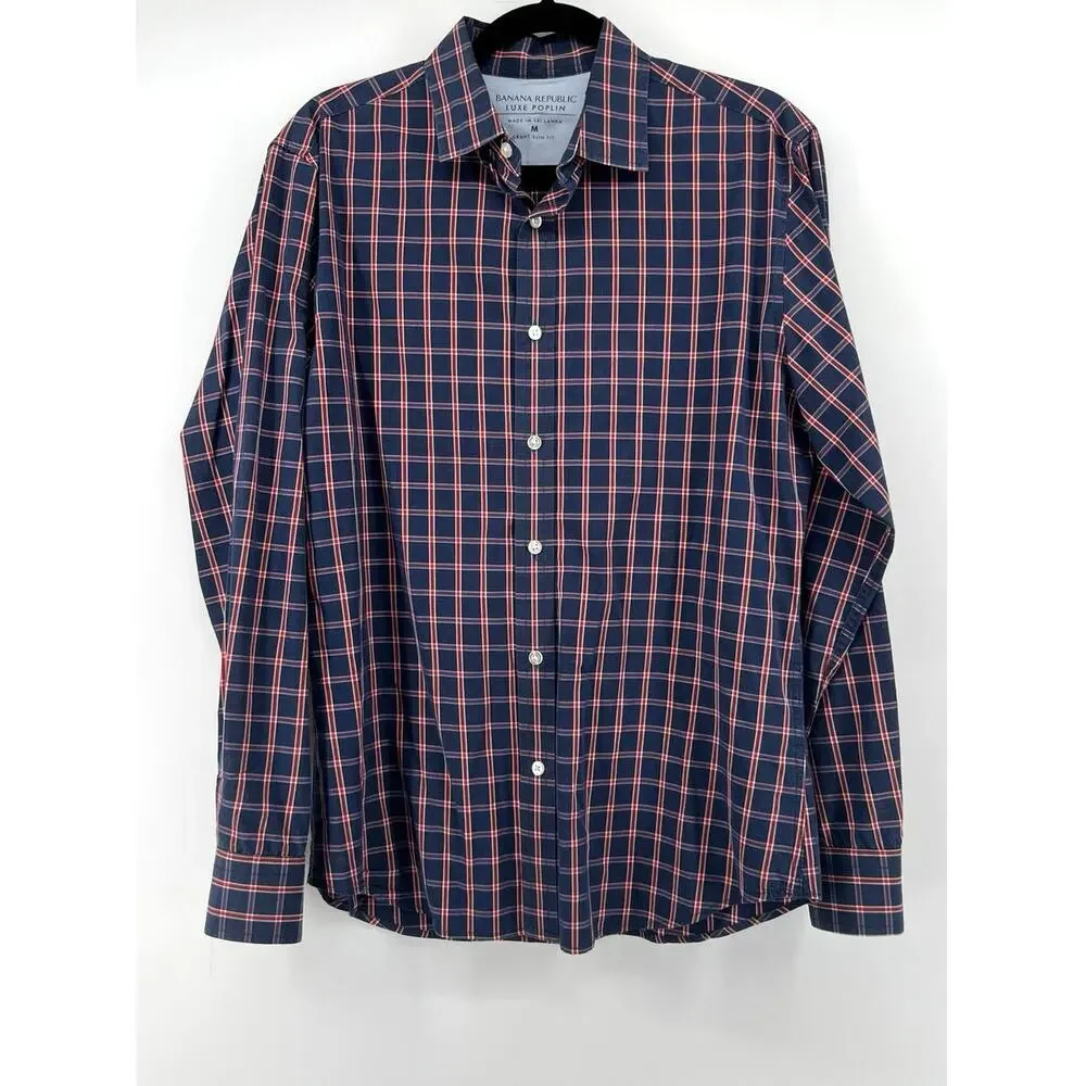 Banana Republic Luxe Poplin Shirt Men's Size M Grant Slim Fit Red Blue Plaid